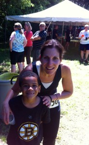 My little guy - he would rather be back swimming at the lake, but he was sweet to come see me finish.